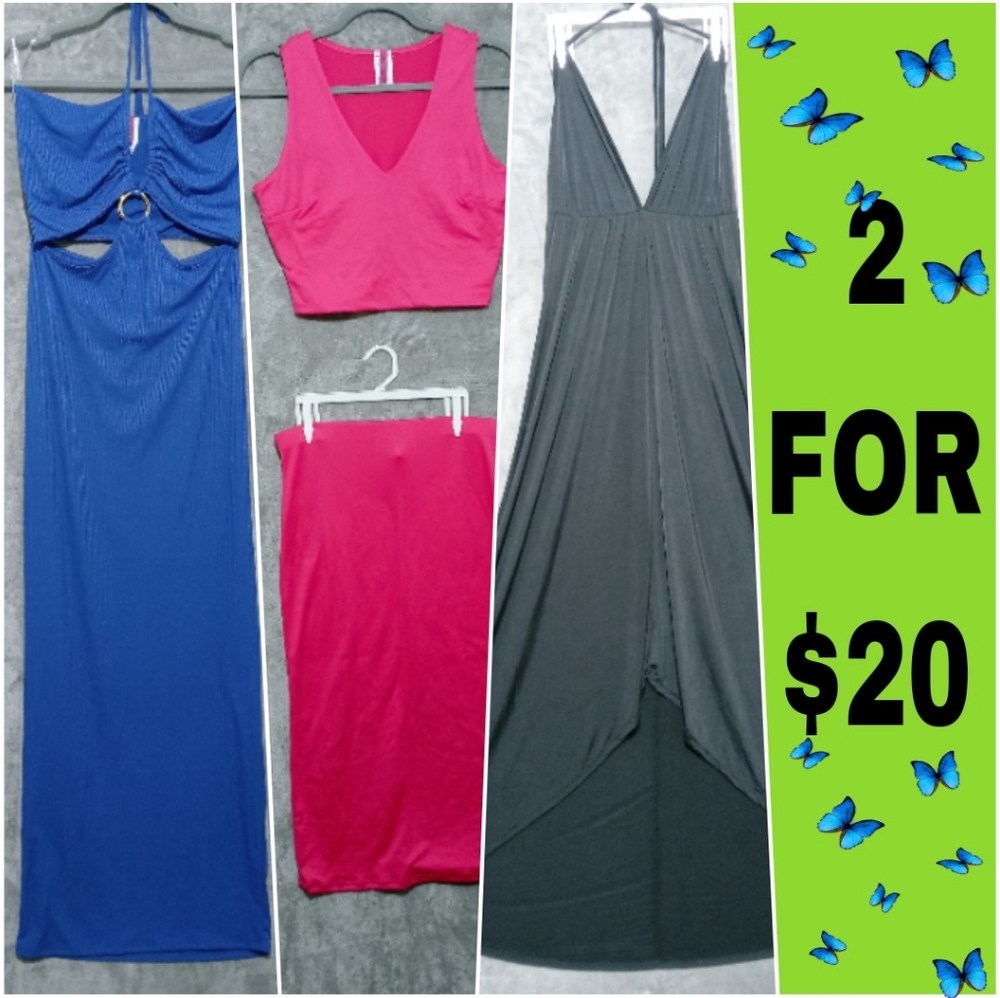 Blue Tube Top Cutout, Black halter Dress And 2 Piece Pencil skirt set